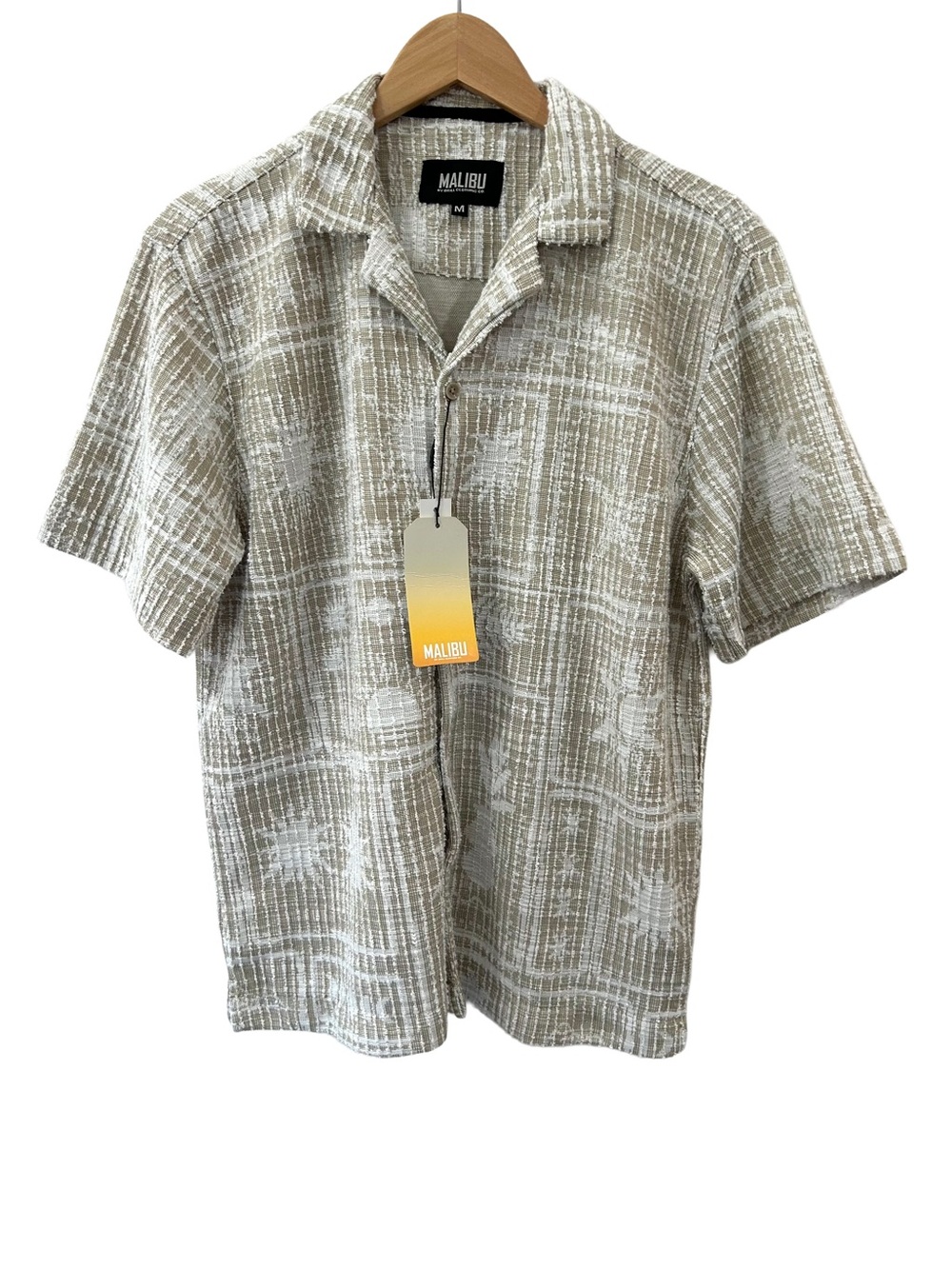Malibu by Drill Mens Textured Knit Shirt M tan white camp tropical NWT